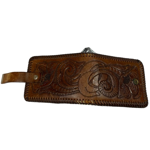 Vintage Tooled Leather Folding Wallet Handmade Western Southwest Filagree Detail - Picture 3 of 15